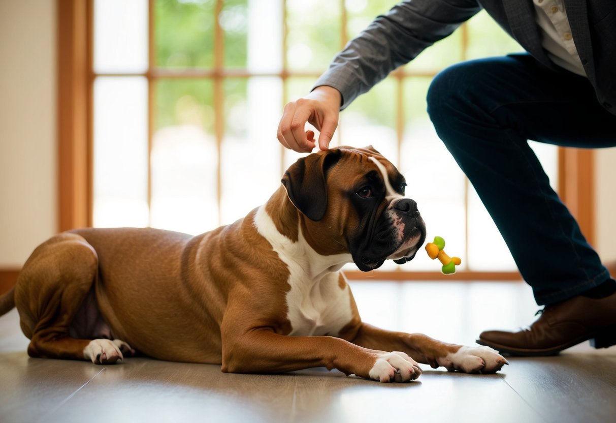 A boxer is calmly lying down, while a person gently redirects its attention with a toy or treat