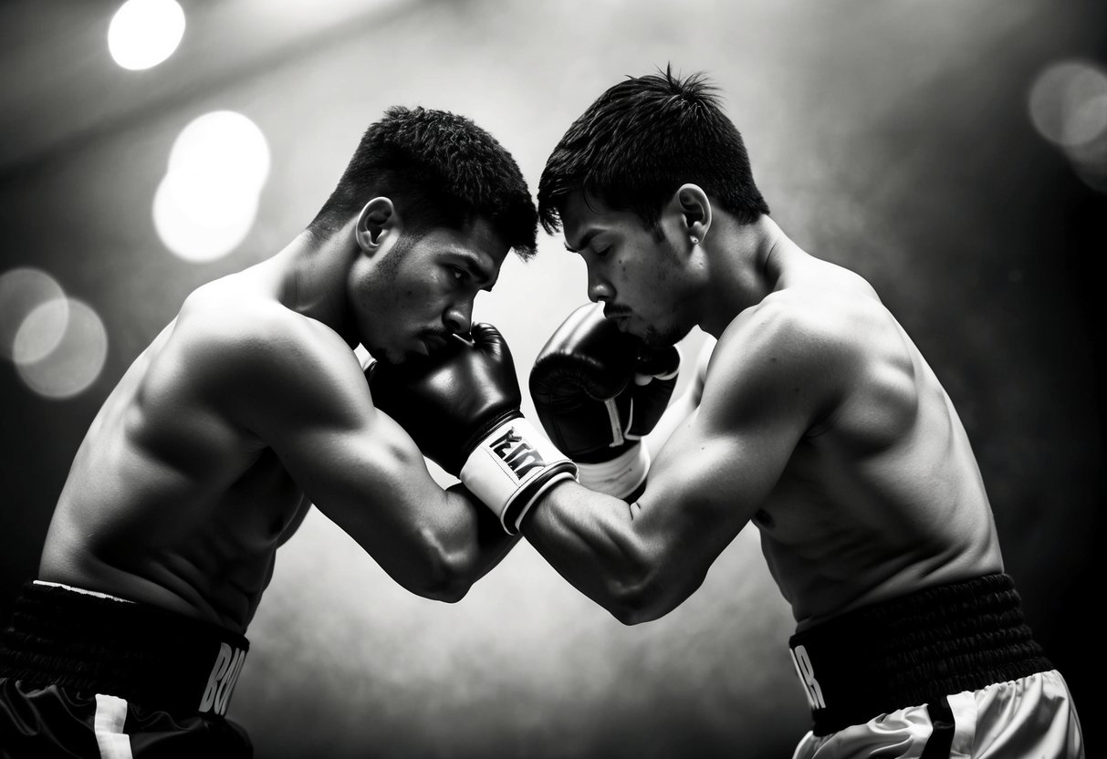 Two boxers locked in a clinch, bodies pressed together, arms intertwined, faces tense with exertion