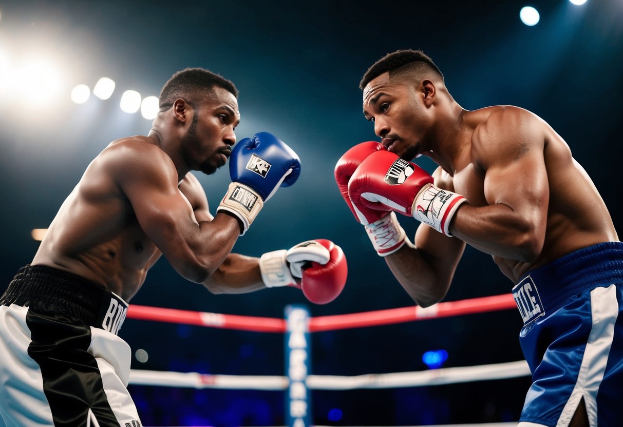 Two boxers in a ring, close together, using various tactics to maintain physical contact while strategizing their next move