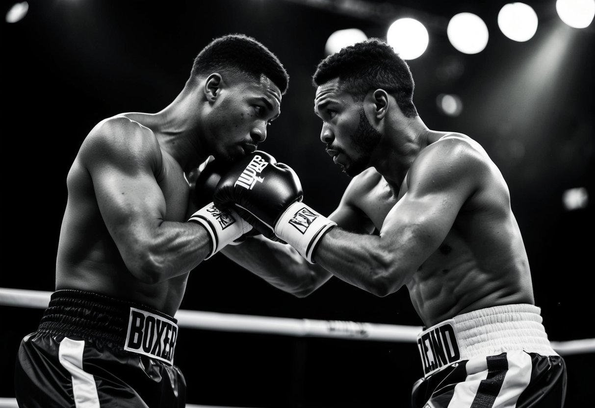 Two boxers in the ring, one with a tight clinch around the other's body, pressing in close with their arms locked