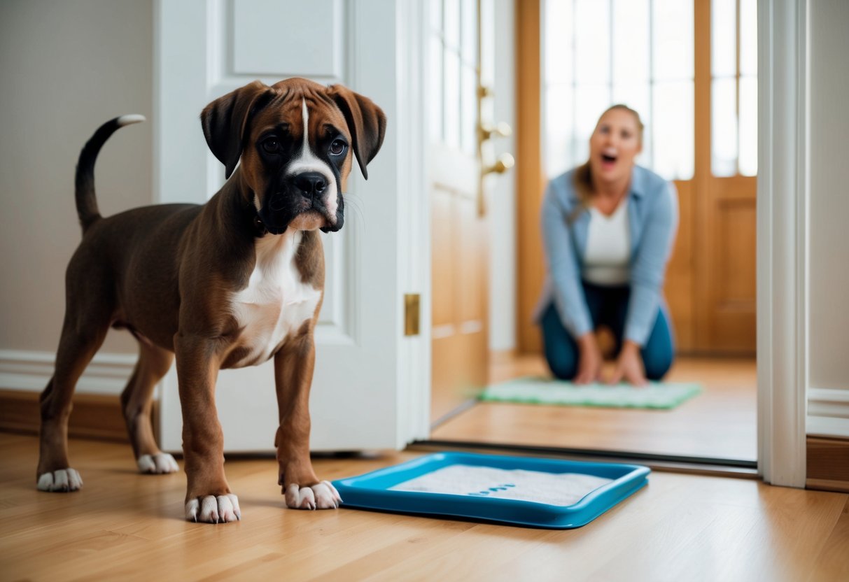 A boxer puppy stands by a door with a potty pad nearby, while a frustrated owner watches from a distance