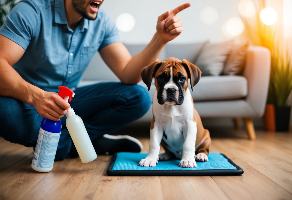 A boxer puppy sits next to a training pad, while a frustrated owner holds a spray bottle and points to the designated potty area