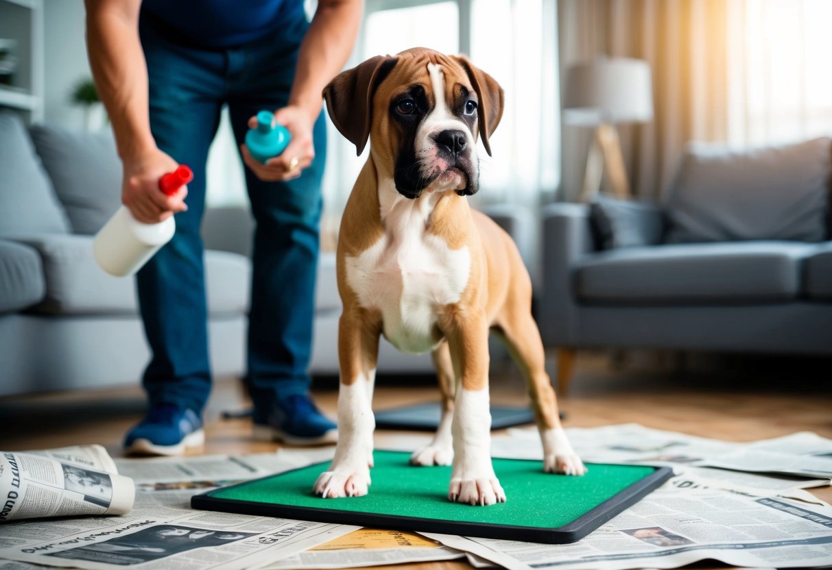A boxer puppy stands in a living room, surrounded by scattered newspapers and a training pad. The puppy looks up at its owner with a guilty expression, while the owner holds a spray bottle and a stern expression