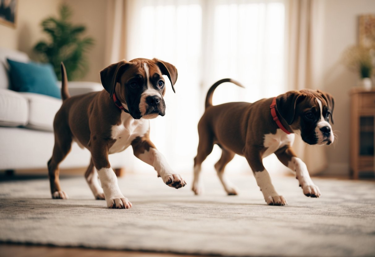 Two boxer puppies playfully chase each other around a living room, occasionally stopping to sniff and explore their surroundings