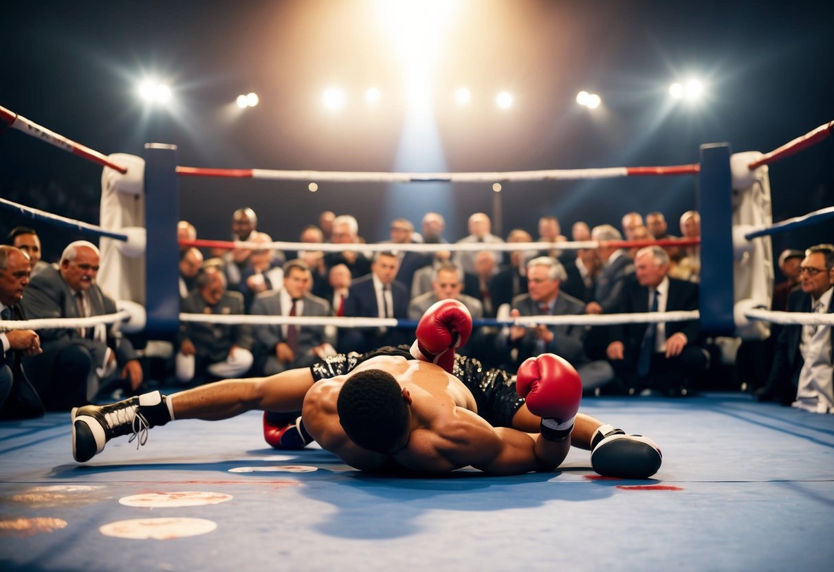 A boxer lies defeated in the ring, surrounded by a crowd of disappointed spectators. Sweat and blood stain the canvas as the boxer struggles to stand
