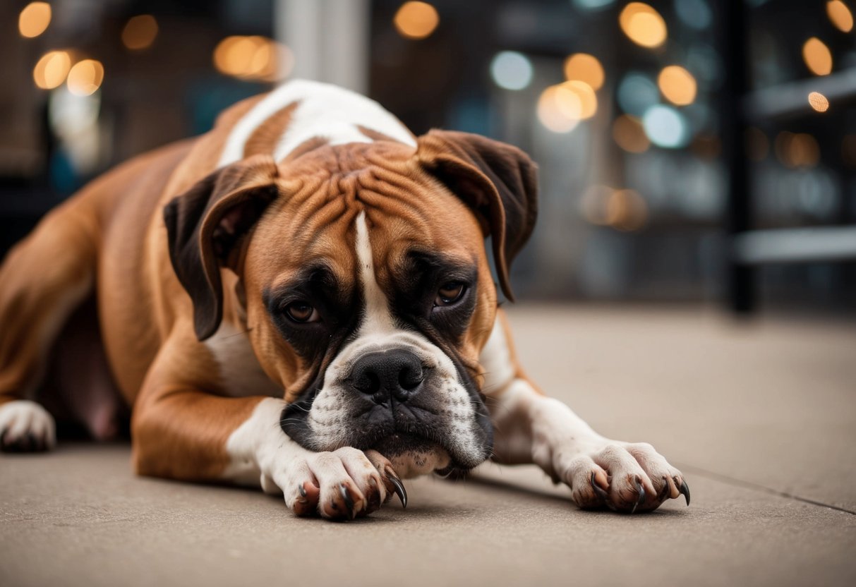 A boxer dog with overgrown nails and matted fur, looking uncomfortable