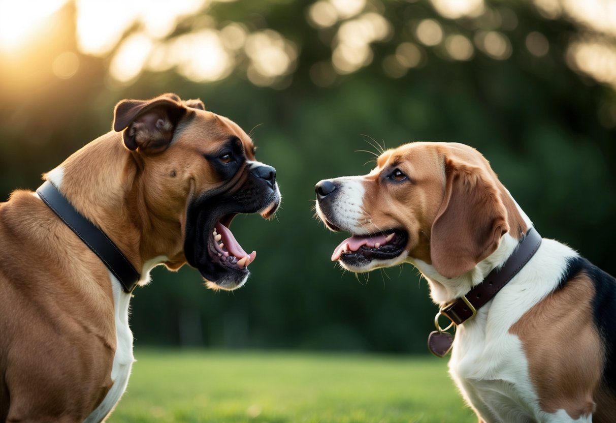 A snarling boxer confronts a calm golden retriever, while a curious beagle looks on from the side