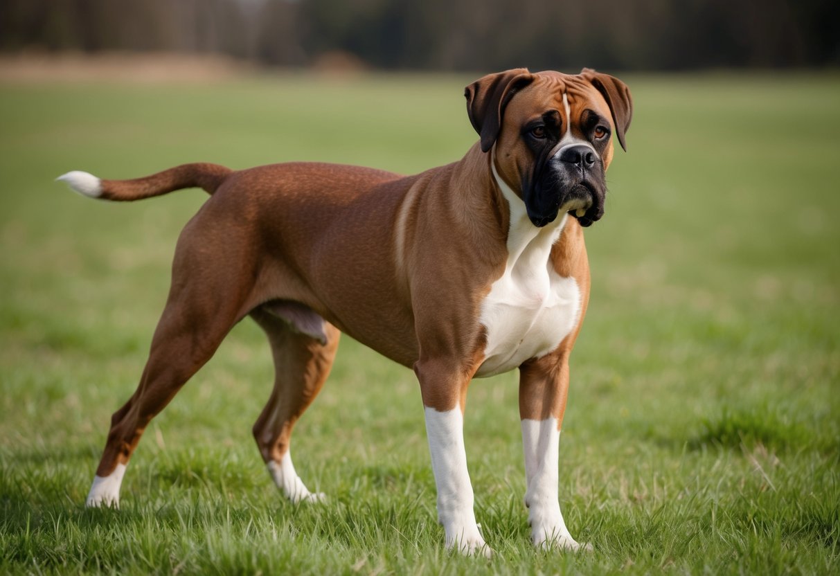 A boxer dog stands proudly in a field, alert and focused, with a determined expression on its face. Its muscular body exudes strength and power, showcasing the breed's role as a working dog