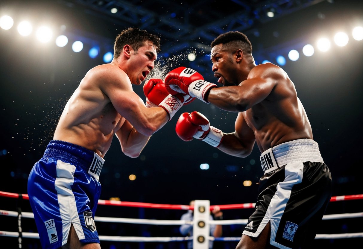 Two powerful boxers fiercely sparring in the ring, sweat flying as they exchange blows with determination and intensity