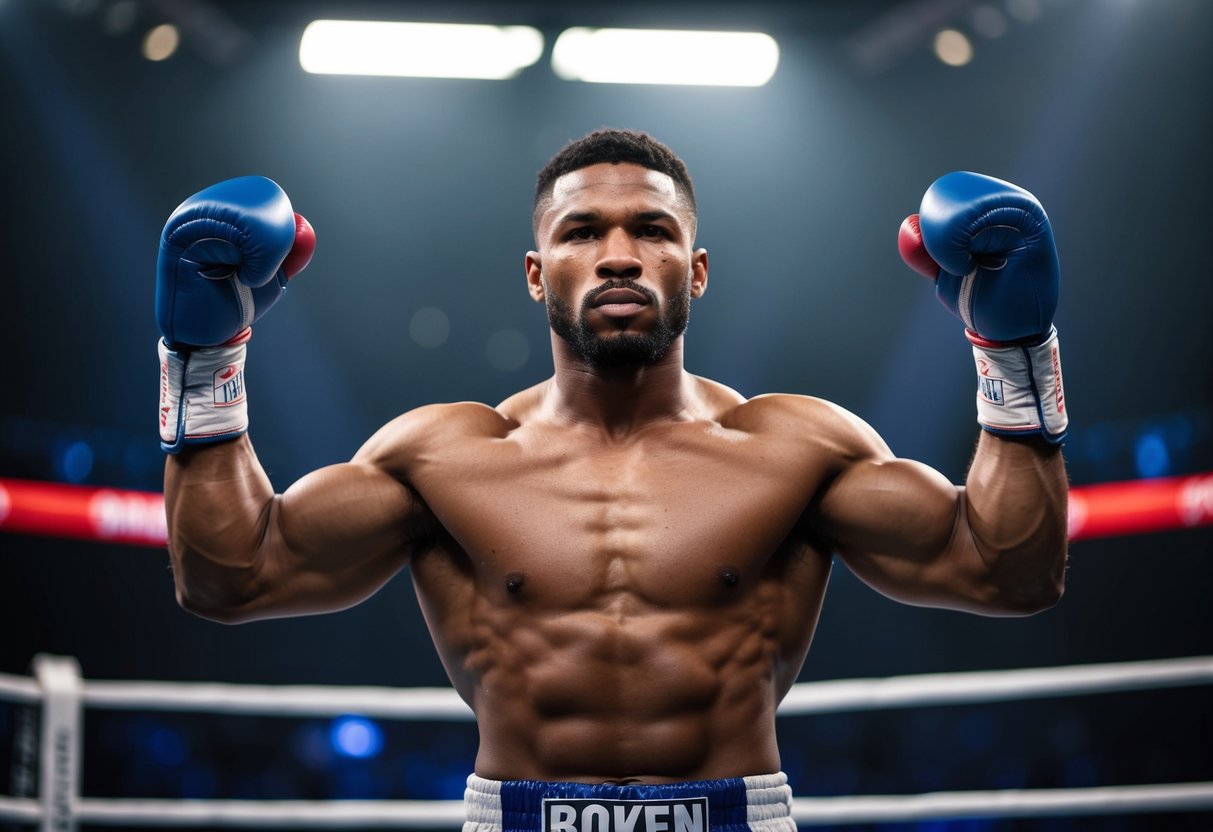 A muscular boxer stands confidently in the ring, fists raised. His powerful stance exudes strength and determination, while his intense focus hints at the potential for aggression