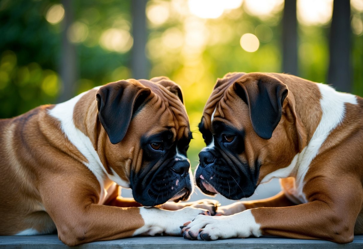 Two boxers nuzzle and rest their heads against each other, their bodies intertwined in a tender embrace