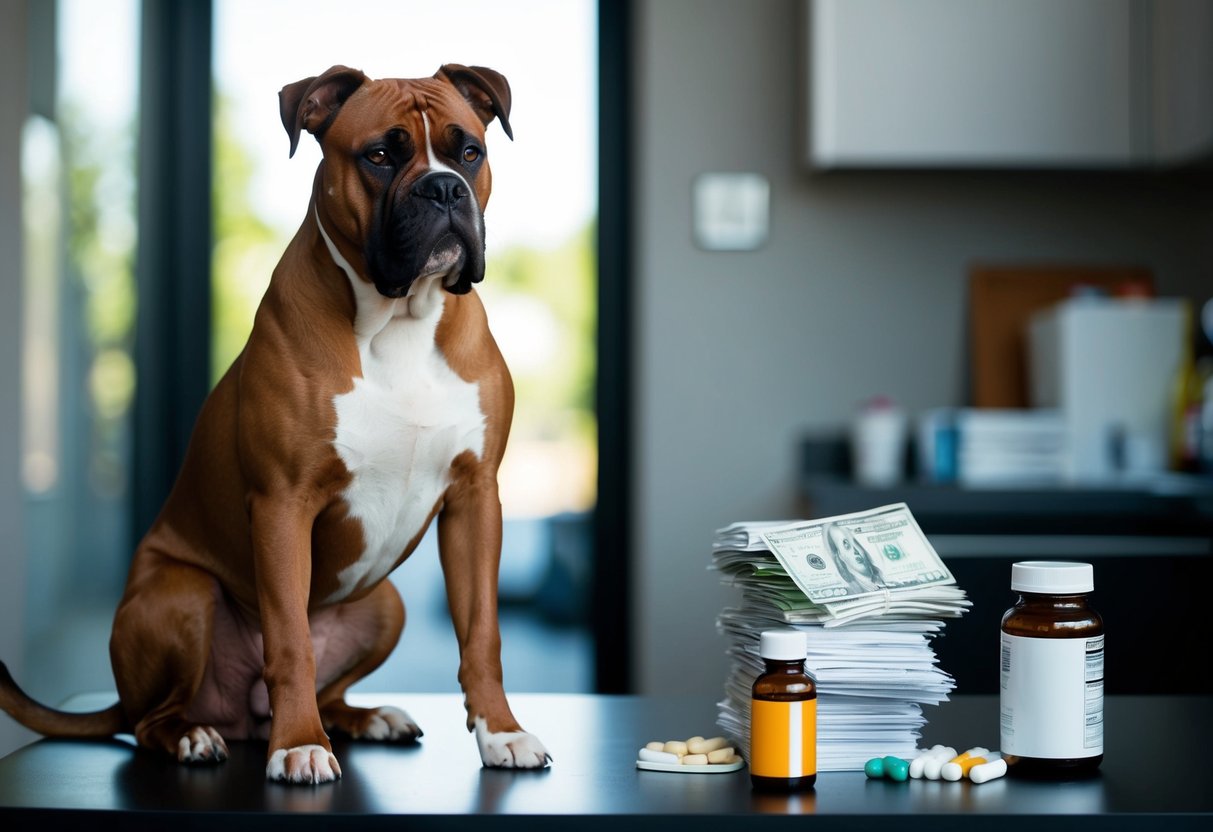 A muscular boxer dog sits proudly with a shiny coat, exuding confidence. Nearby, a stack of medical bills and a bottle of supplements hint at potential health issues