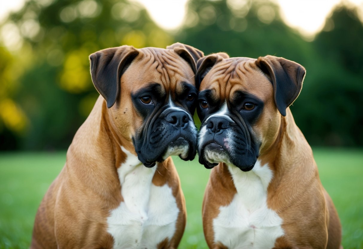 Two boxers nuzzling and leaning against each other, showing affection and social bonding
