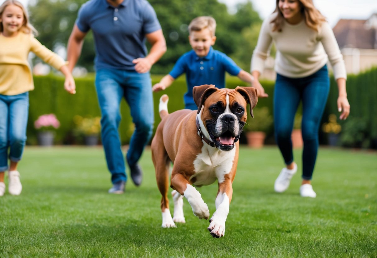 A boxer dog playing with a family in a spacious backyard, showing its energetic and playful nature