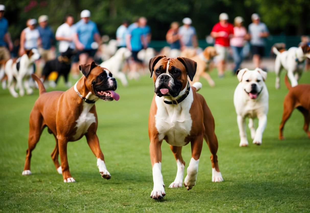A boxer confidently trots through a crowded dog park, engaging in friendly play with other dogs while showing off its muscular physique