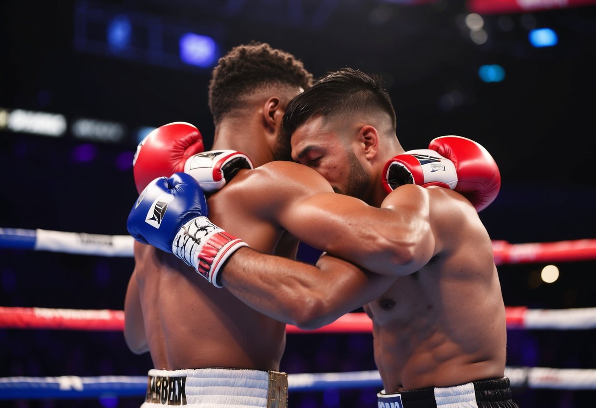Two boxers embracing in the ring after a match, their bodies close and their heads resting against each other, showing mutual respect and camaraderie