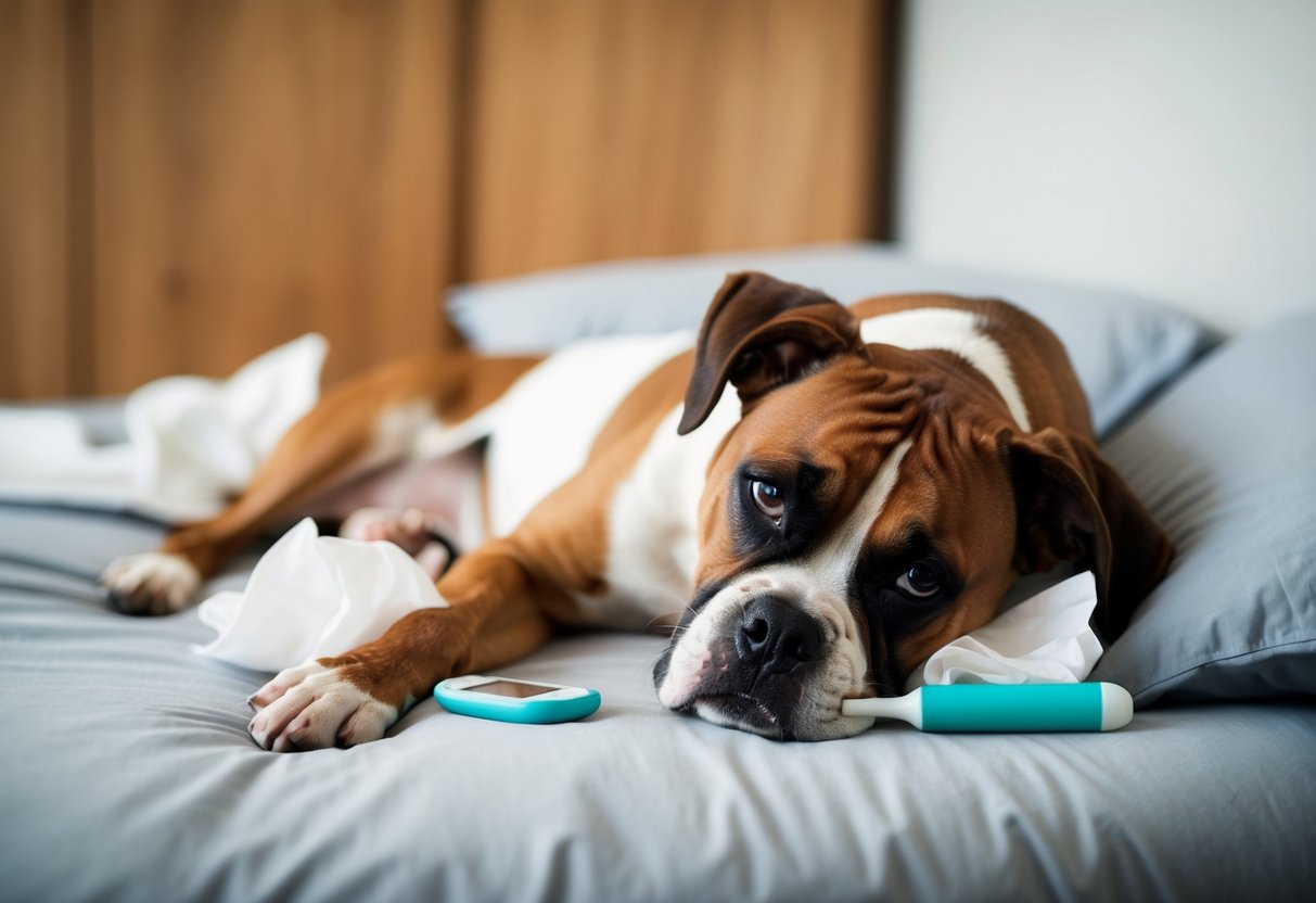 A boxer dog lies lethargic on a bed, surrounded by tissues and a thermometer