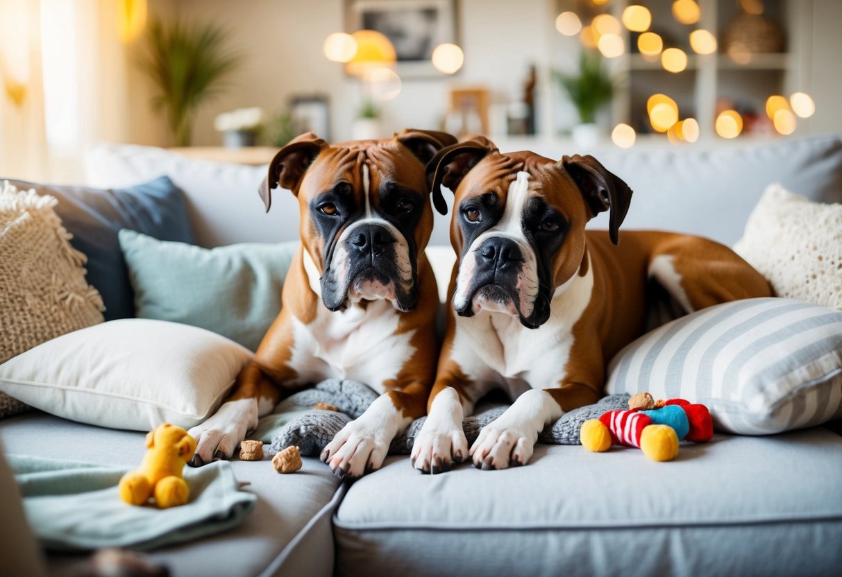 Two boxers cuddling in a cozy, sunlit living room with pillows and blankets, surrounded by toys and treats