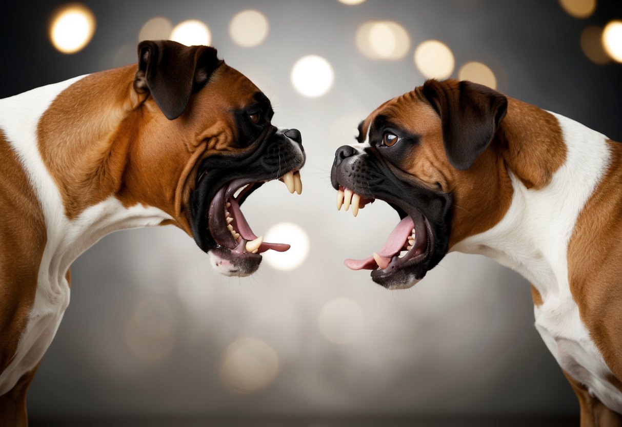 Two boxers snarling at each other, teeth bared, with raised hackles and aggressive body language