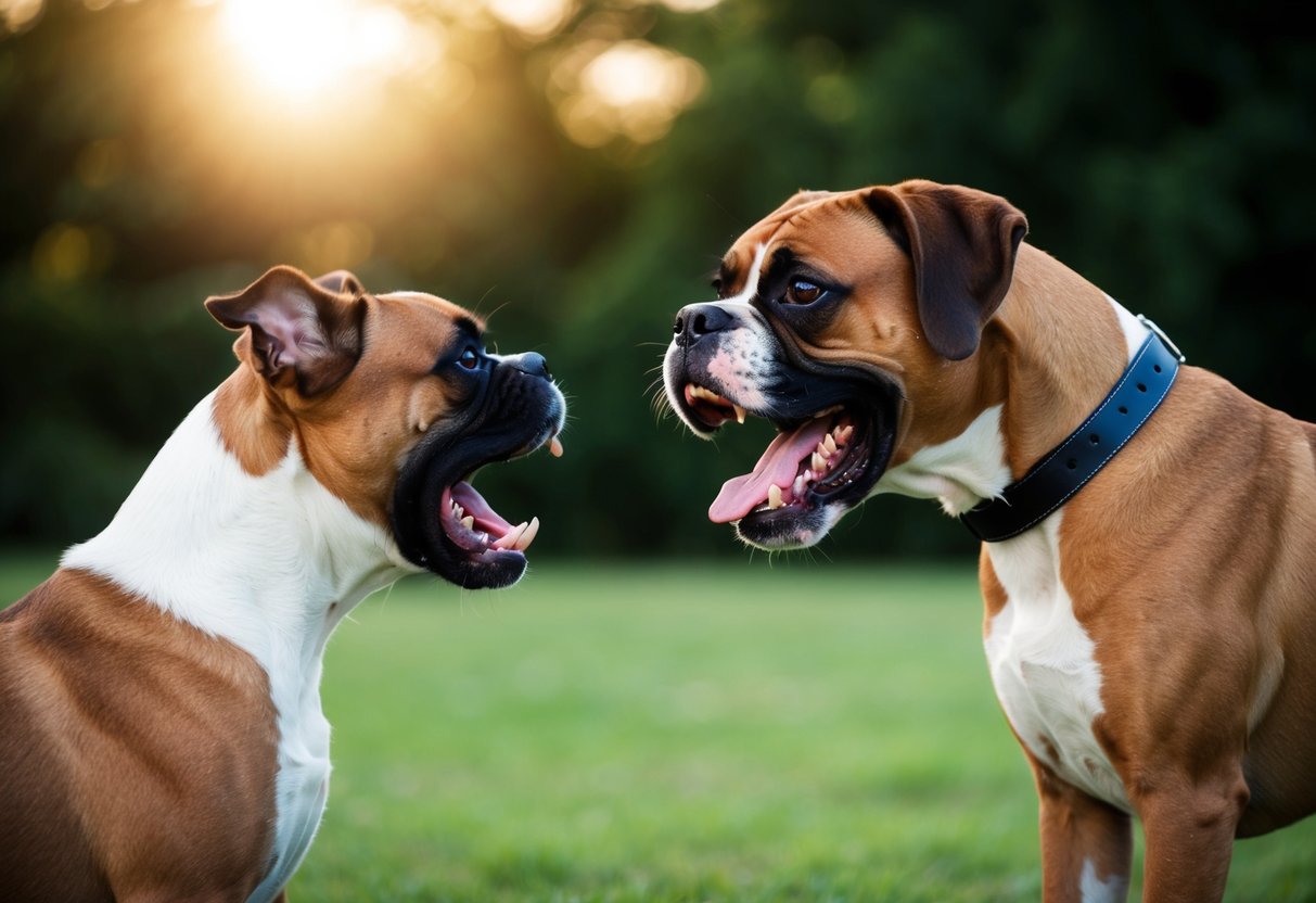 A boxer dog baring its teeth and growling at another dog in a defensive stance