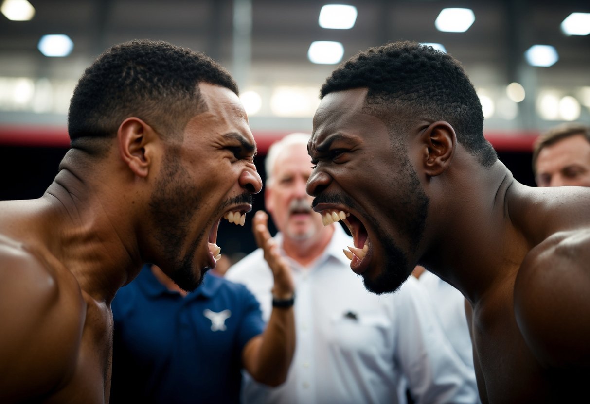 Two boxers face off, growling and baring their teeth, as onlookers try to separate them