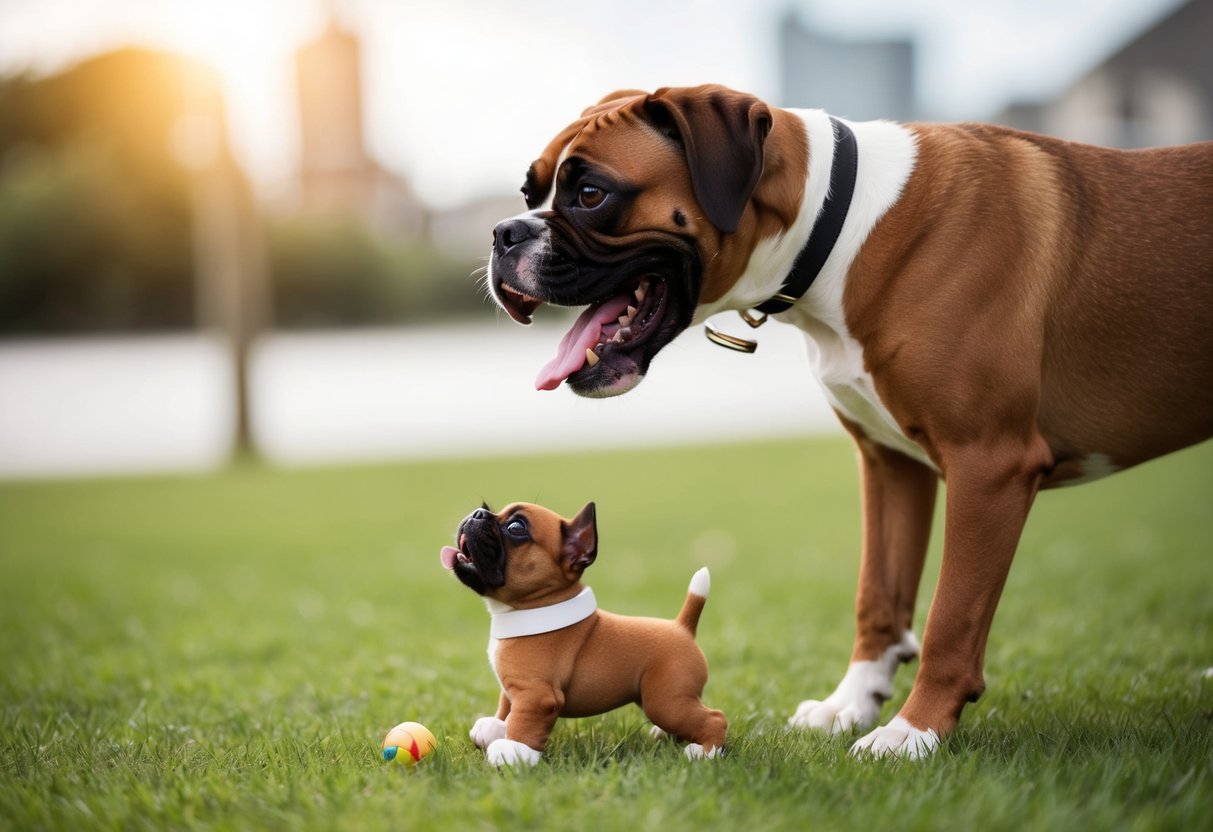 A boxer dog baring its teeth and growling at a small toy
