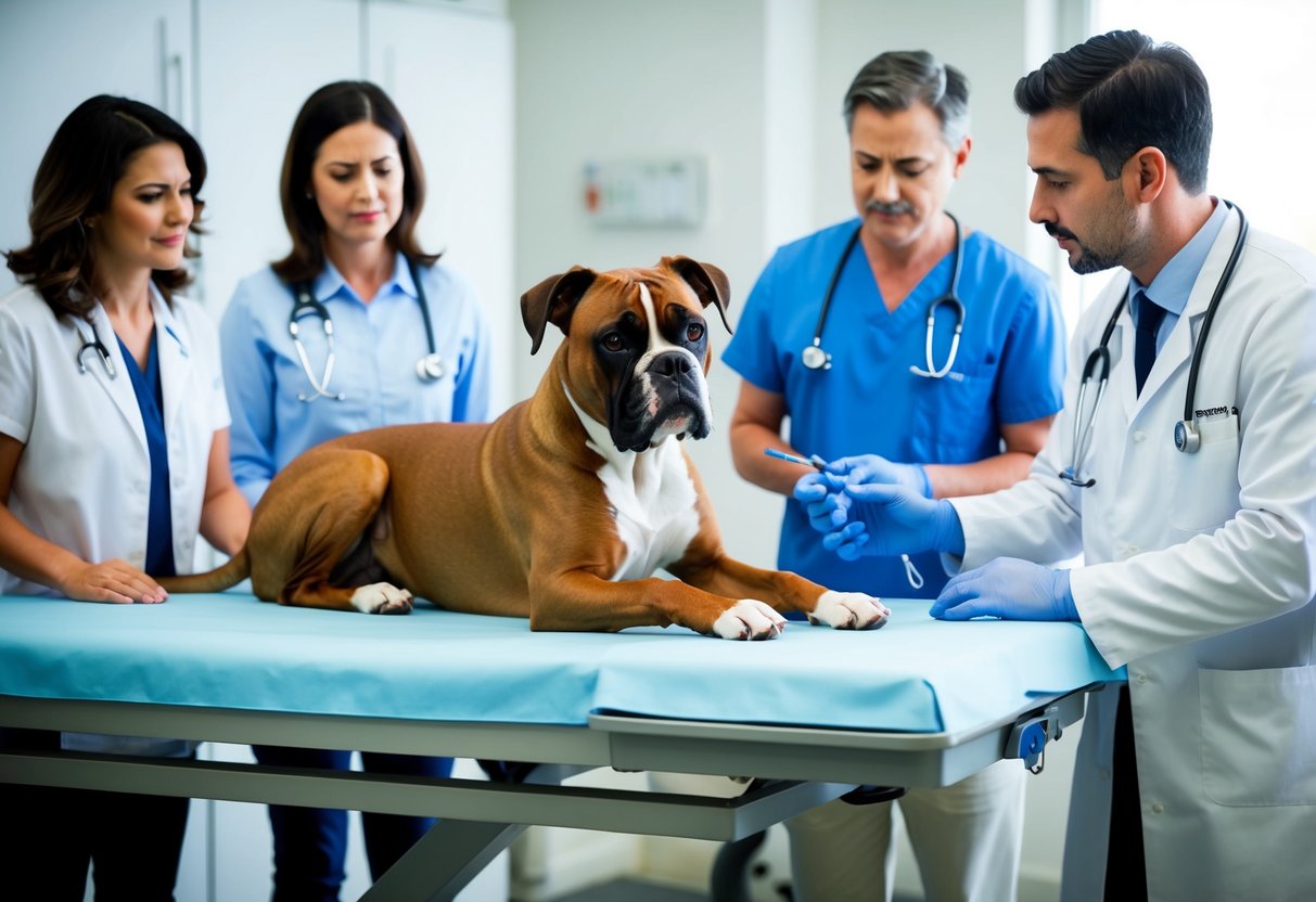 A boxer dog lying on a veterinary examination table, surrounded by concerned owners and a veterinarian conducting a thorough check-up