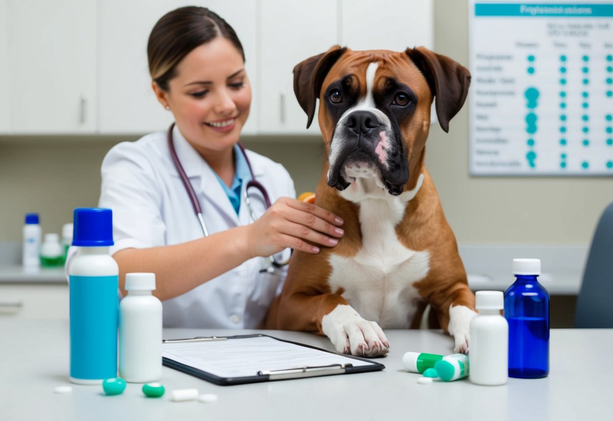 A boxer dog receiving a check-up at the veterinarian's office, surrounded by bottles of medication and a chart of preventative measures