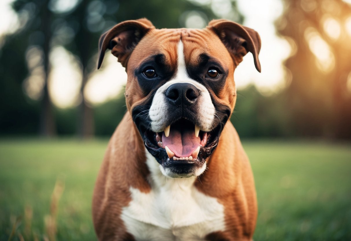 A boxer dog baring its teeth in a defensive stance