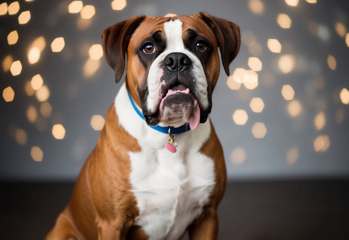 A boxer dog with drool hanging from its jowls, sitting patiently with a hopeful expression