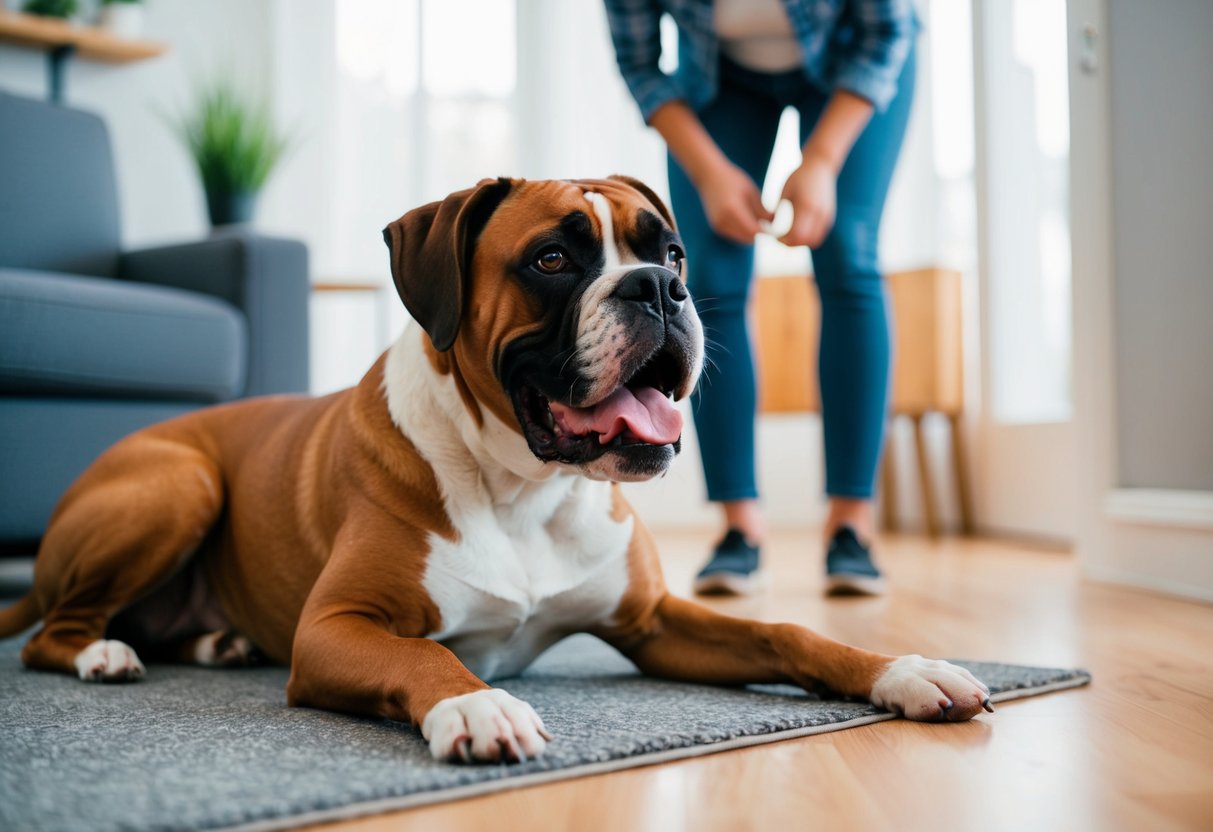 A boxer dog with a loose jowl and open mouth, drooling onto the floor while looking expectantly at its owner
