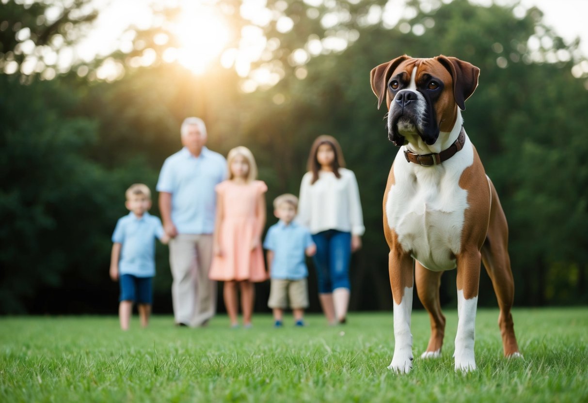 A boxer dog stands alert, watching over a family with a protective stance