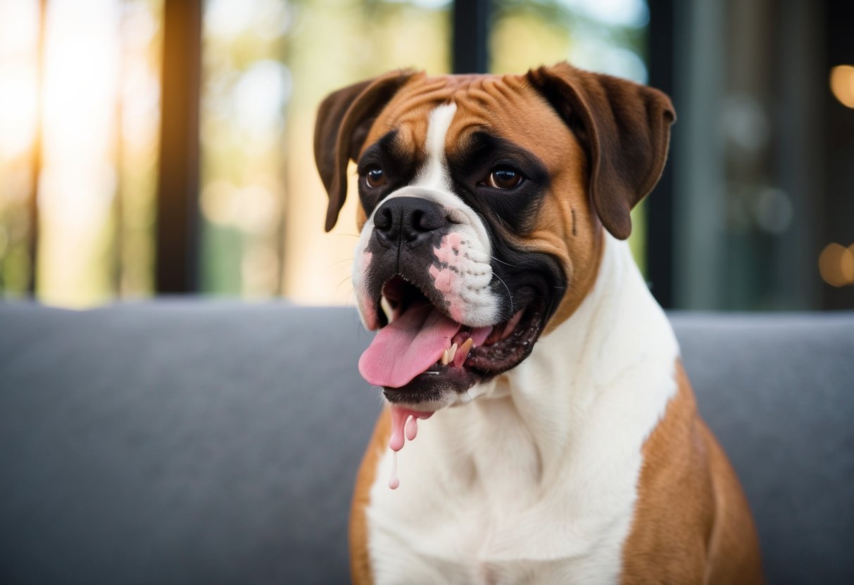 A boxer dog with excessive drooling, saliva dripping from its mouth, looking uncomfortable