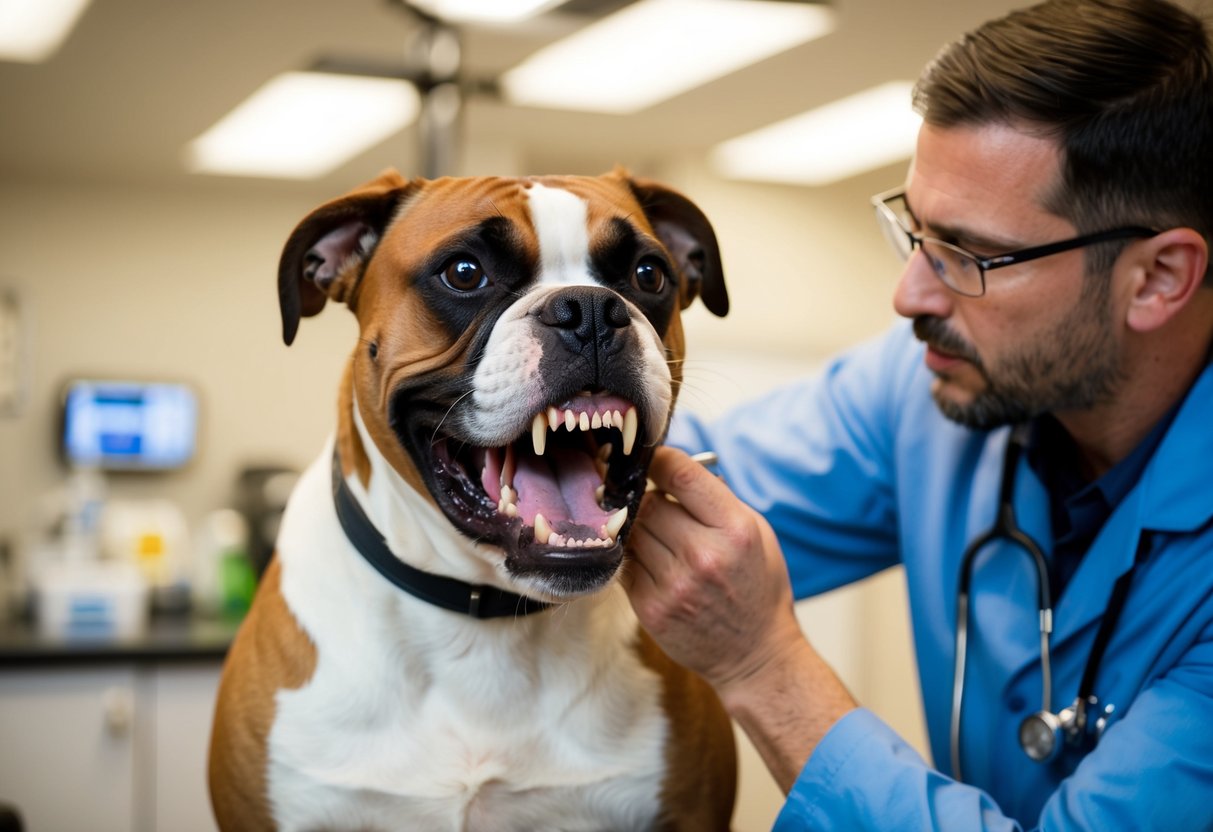A boxer dog snarls, teeth bared, as a veterinarian examines its mouth for signs of aggression