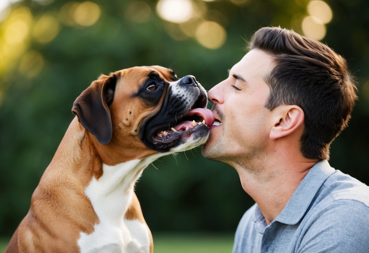 A boxer dog enthusiastically licks its owner's face, tail wagging