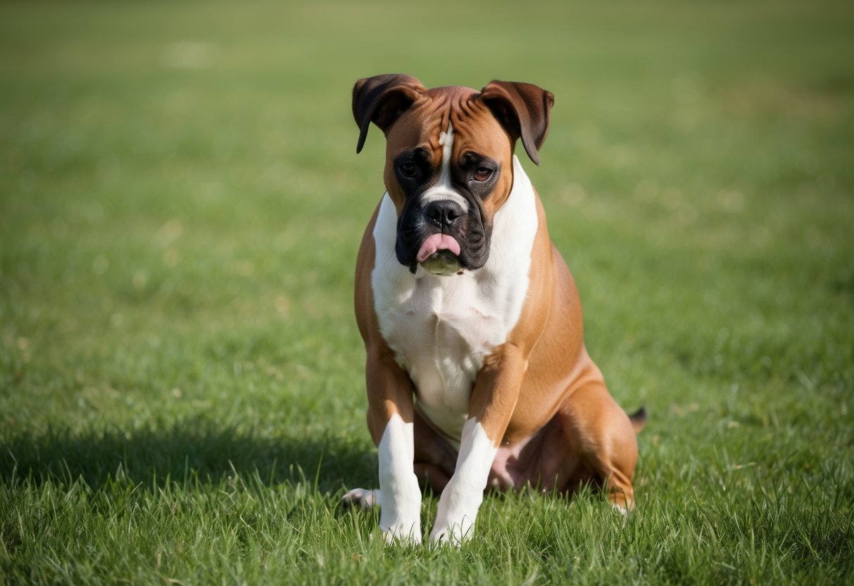 A boxer dog licking its paws while sitting on a grassy field, with a curious expression on its face