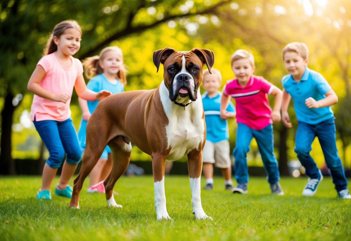 A boxer dog stands confidently, ears alert and tail wagging, surrounded by a group of cheerful children playing in a sunny park