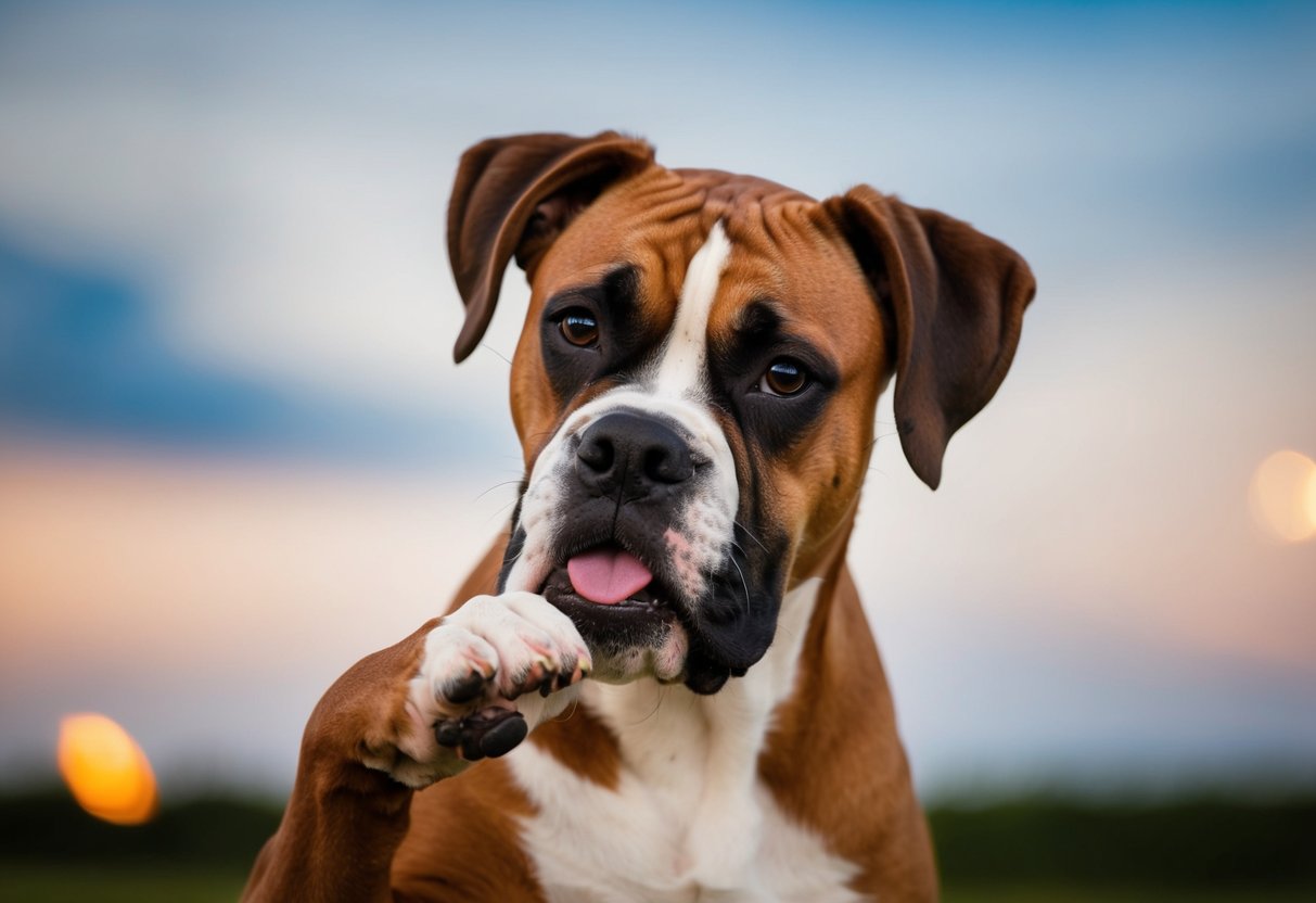 A boxer dog with a healthy appearance licking its paw