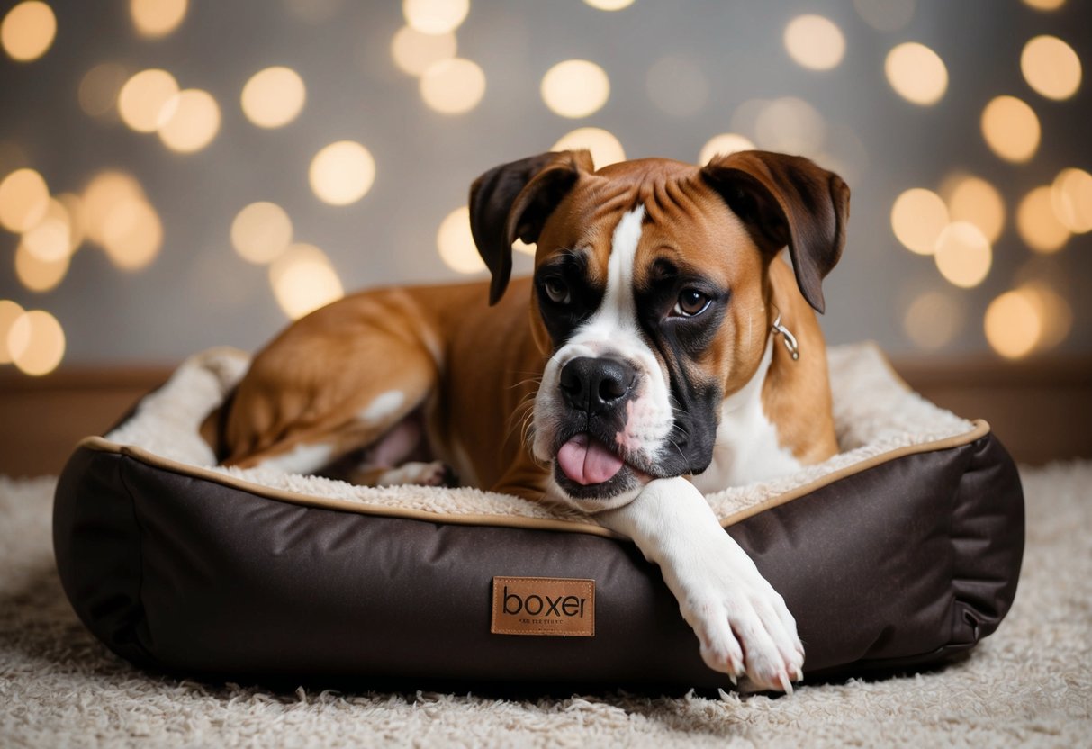 A boxer dog licking its paw while lying on a cozy dog bed
