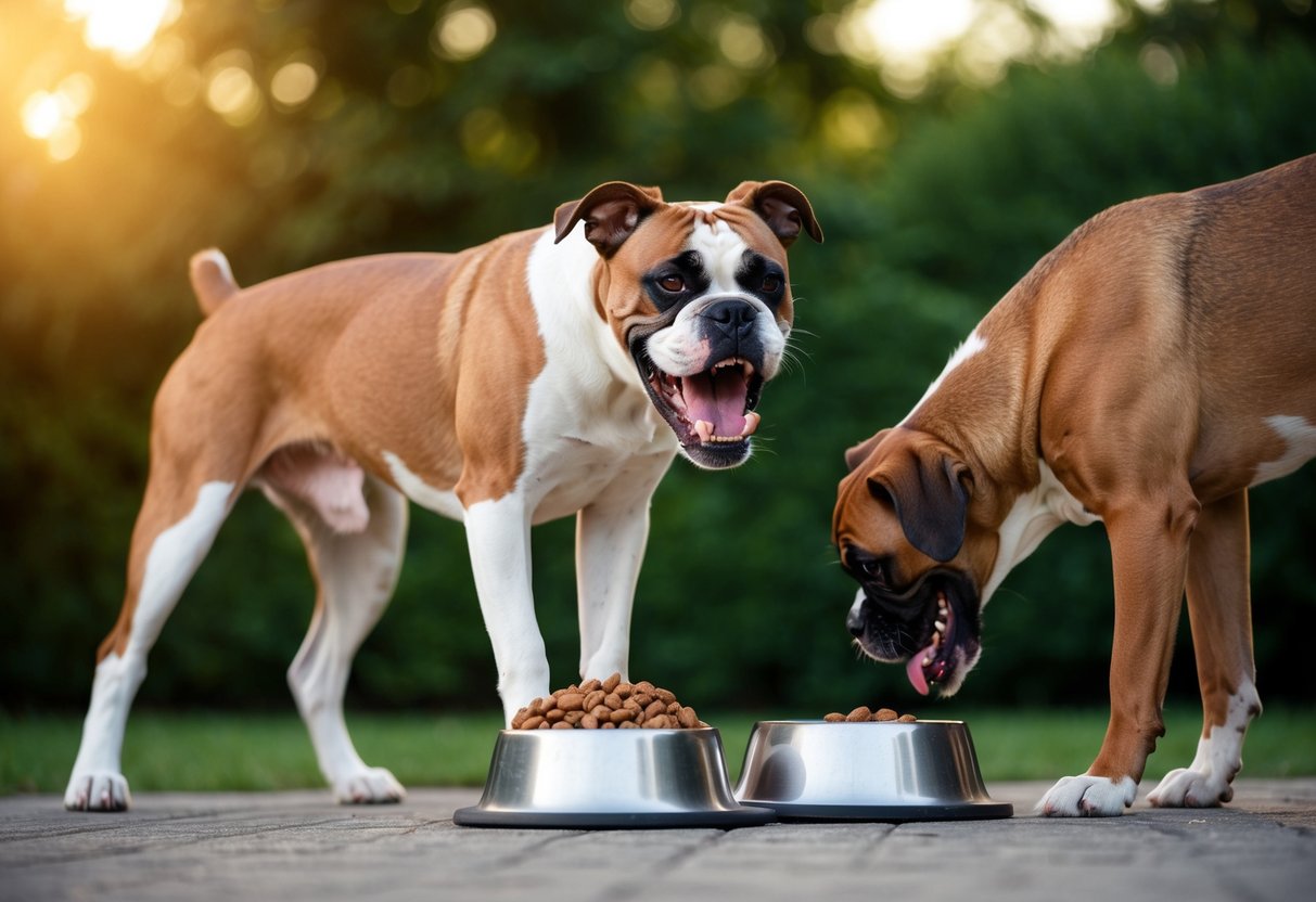 A snarling boxer dog standing over a food bowl, with ears back and teeth bared, while another dog approaches cautiously
