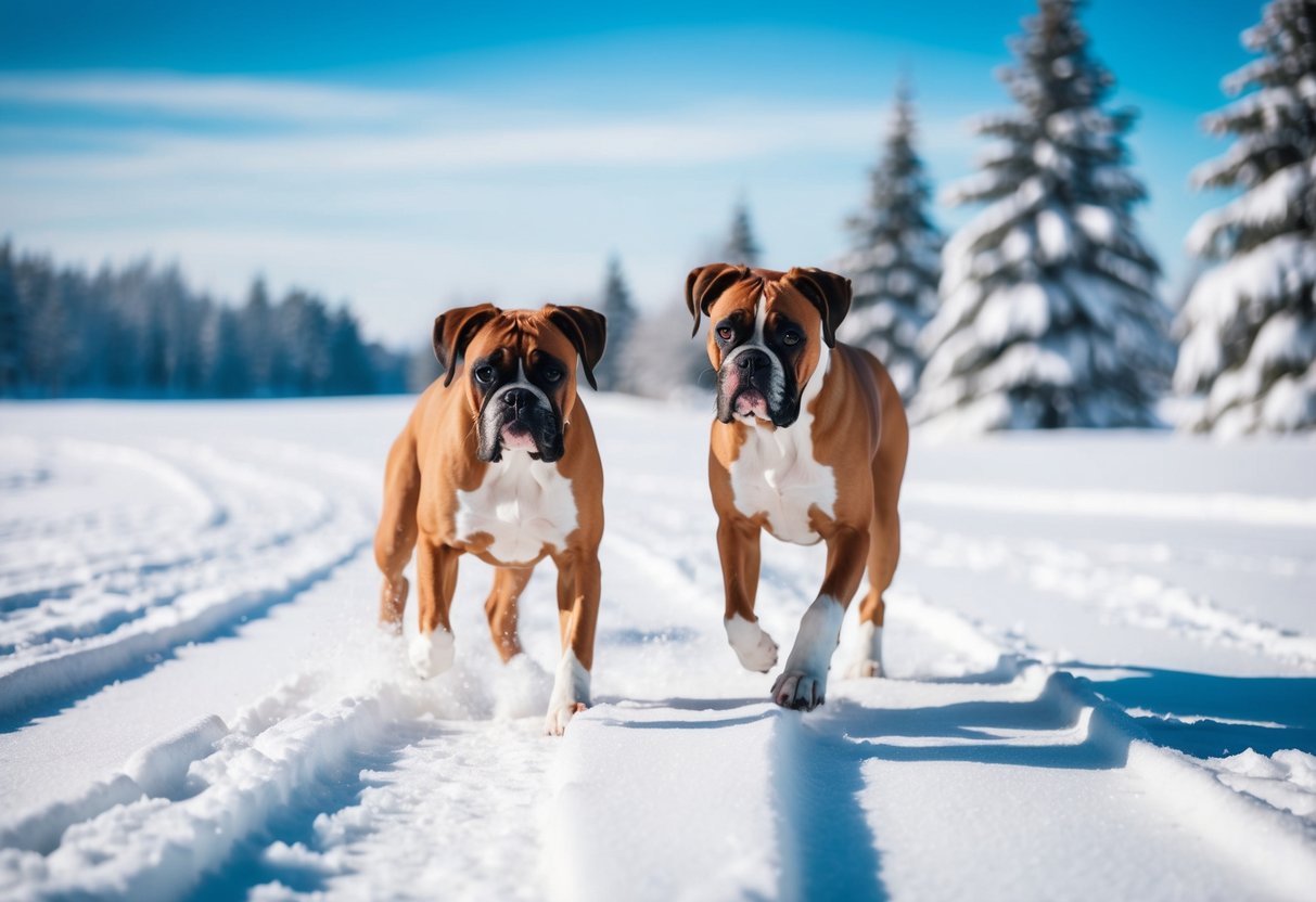 Two boxers play in the snow, surrounded by a winter landscape with snow-covered trees and a clear blue sky