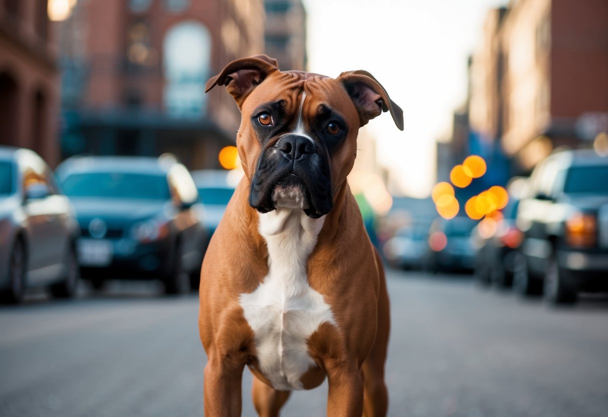 A boxer dog stands confidently, ears alert and muscles taut, staring down a perceived threat with a defensive stance