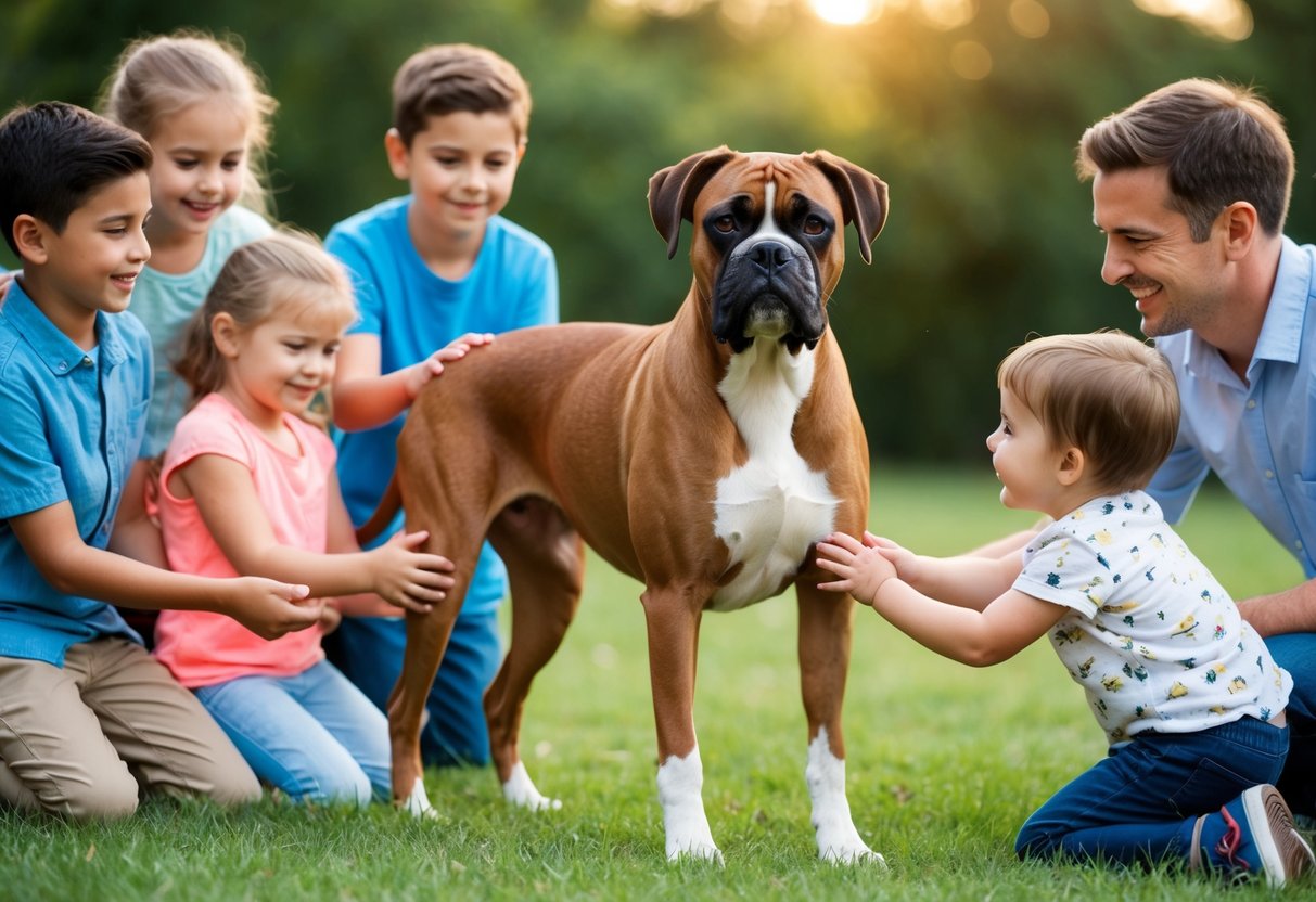A boxer dog standing confidently, tail wagging, with a gentle expression, surrounded by happy children and adults petting and playing with it
