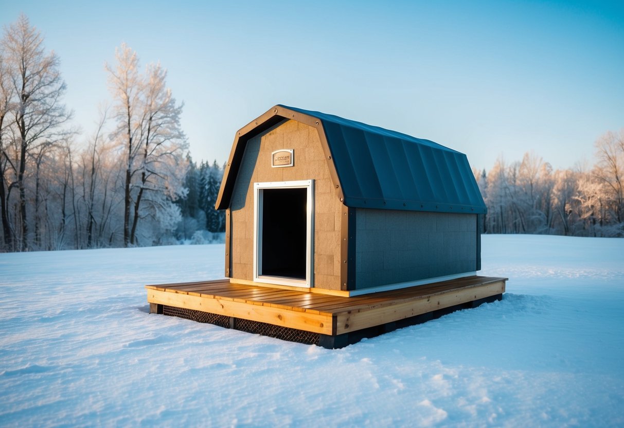 A rugged, insulated dog house with a raised, snow-free platform, surrounded by frosty trees and a clear, blue sky