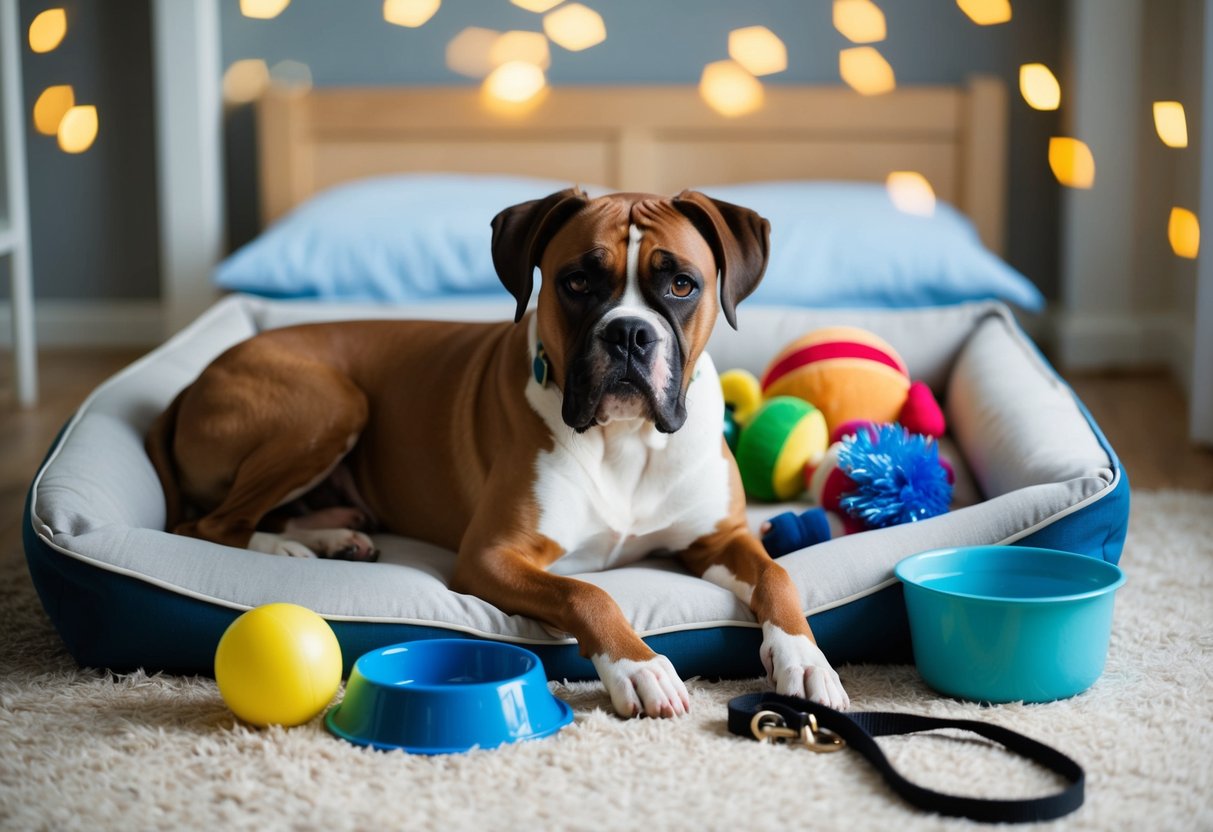 A boxer dog lying on a cozy bed, surrounded by toys and a water bowl. A leash and collar hang nearby