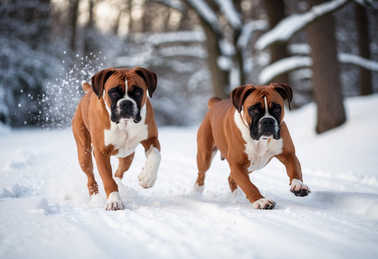 Boxers playing in the snow, chasing each other and rolling around in the winter wonderland