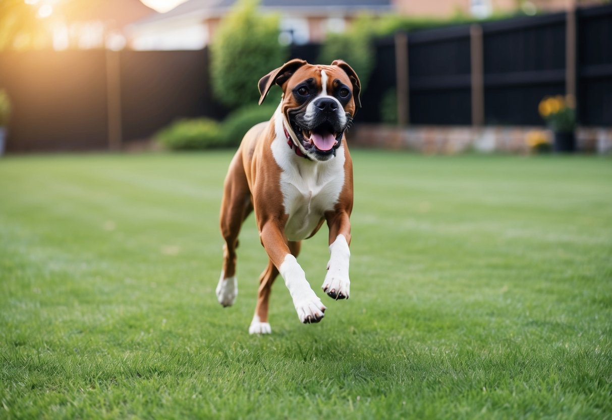 A boxer dog playing in a spacious backyard, running and jumping with a joyful expression, showcasing their energetic and playful nature