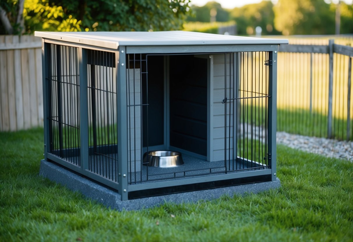 A sturdy, spacious outdoor kennel with a raised platform, shaded area, and water bowl, surrounded by a secure fence
