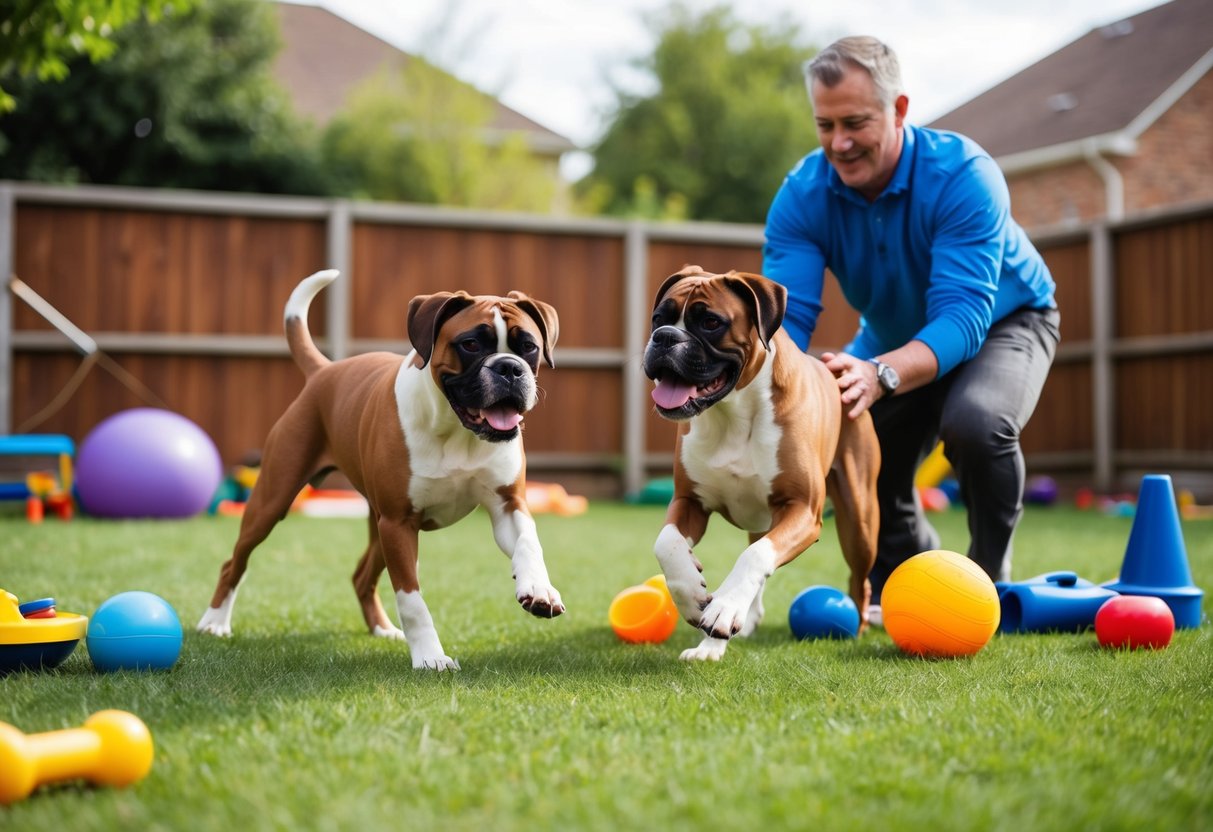 Two boxer dogs playing in a spacious backyard, surrounded by toys and training equipment. Their owner is engaged in socialization exercises with them