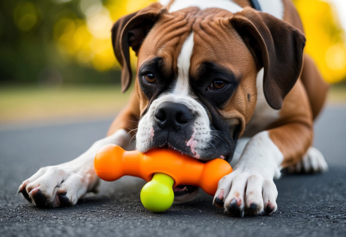A boxer dog clamps its powerful jaws around a sturdy chew toy, displaying its strong bite force